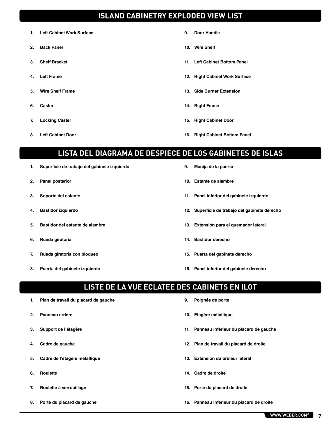 Weber 56733 manual Island Cabinetry Exploded View List, Lista DEL Diagrama DE Despiece DE LOS Gabinetes DE Islas 