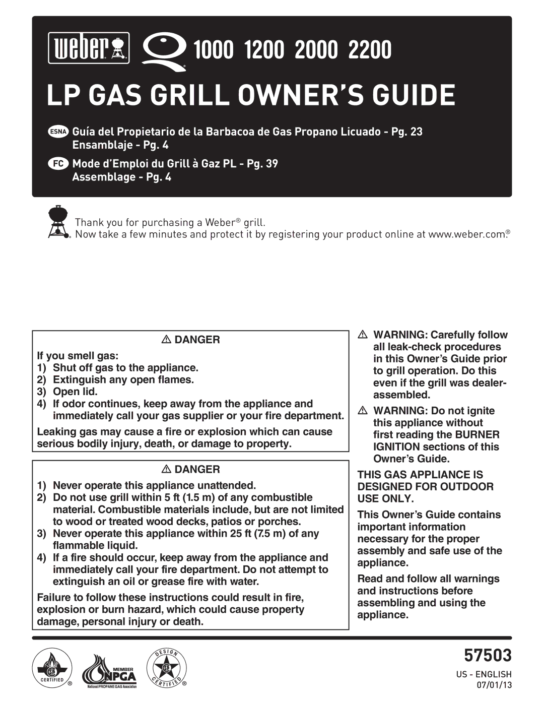 Weber 57503 manual LP GAS Grill OWNER’S Guide 