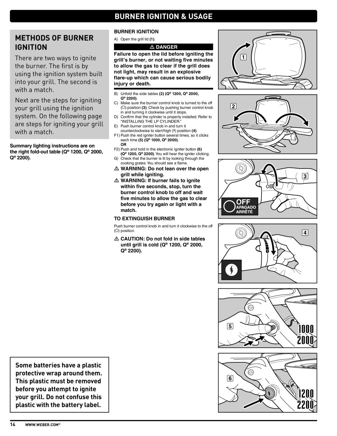 Weber 57503 manual Methods of Burner Ignition, Burner Ignition & Usage, To Extinguish Burner 