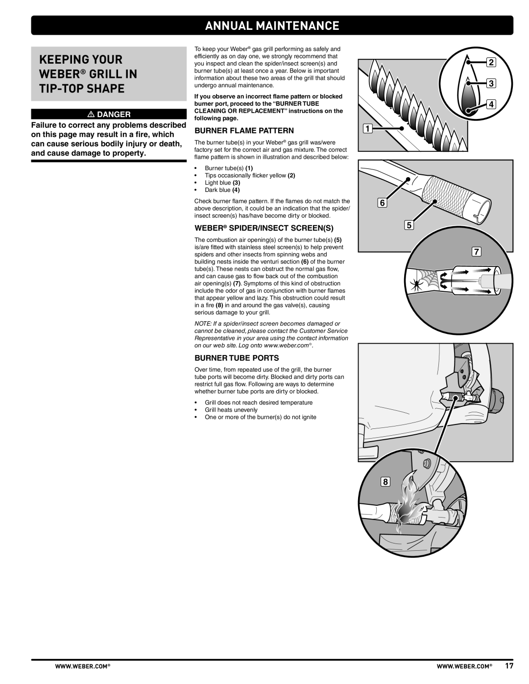 Weber 57503 Keeping Your Weber Grill TIP-TOP Shape, Annual Maintenance, Burner Flame Pattern, Weber SPIDER/INSECT Screens 