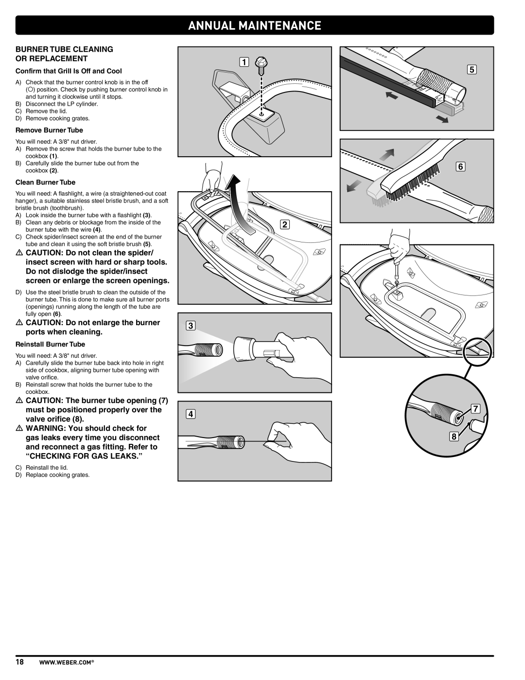 Weber 57503 manual Burner Tube Cleaning Or Replacement, Confirm that Grill Is Off and Cool 