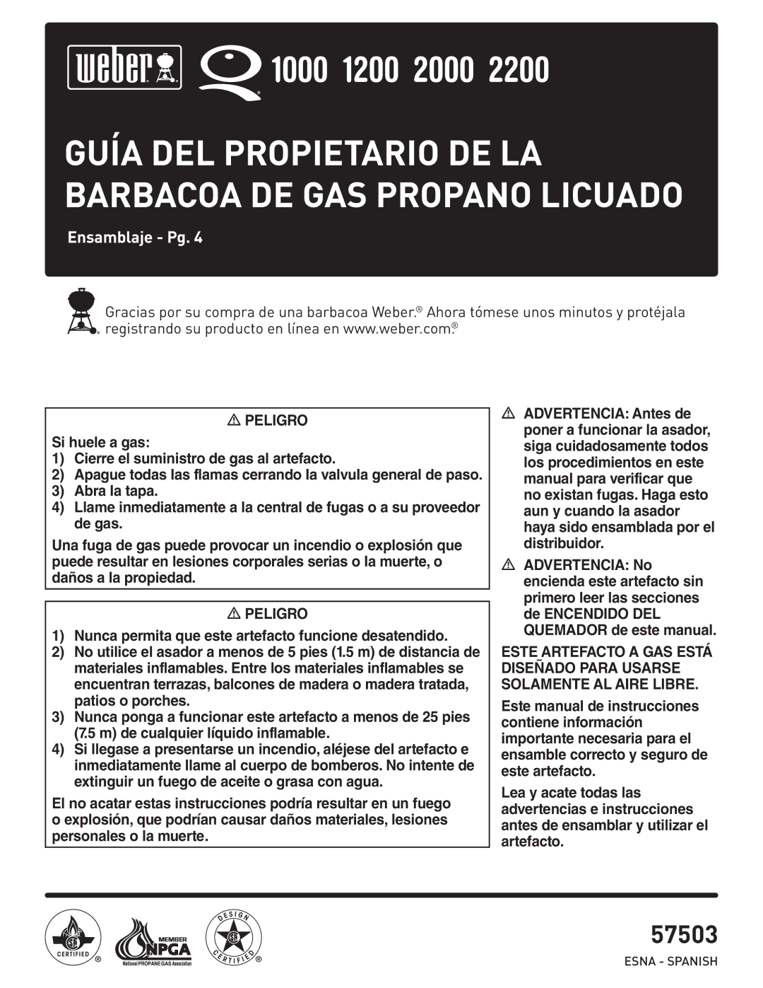 Weber 57503 manual Guía DEL Propietario DE LA Barbacoa DE GAS Propano Licuado 