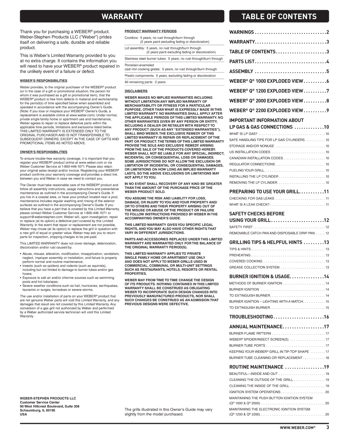 Weber 57503 manual Warranty, Table of Contents 