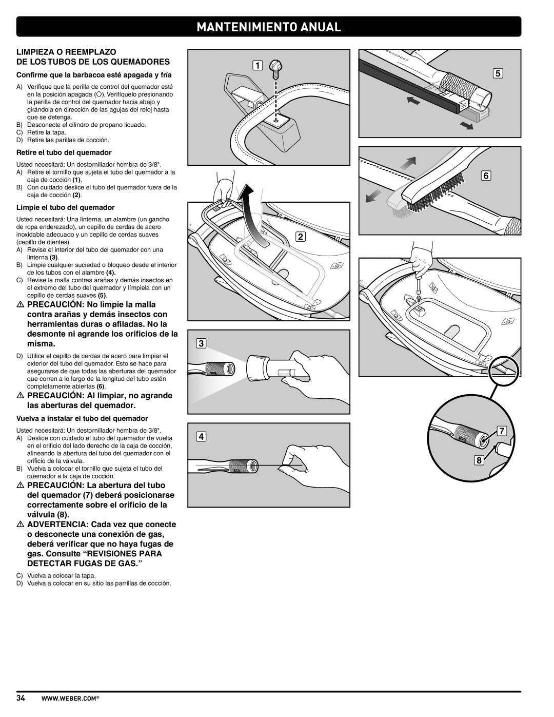 Weber 57503 manual Limpieza O Reemplazo DE LOS Tubos DE LOS Quemadores, Confirme que la barbacoa esté apagada y fría 