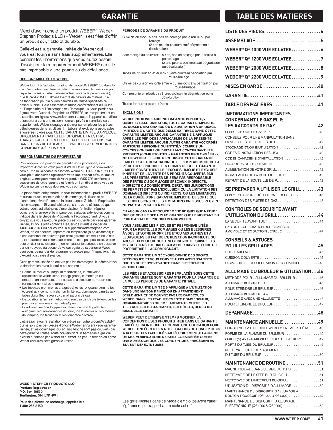 Weber 57503 Garantie, Controles DE Securite Avant, Conseils & Astuces Pour LES Grillades, Depannage Maintenance Annuelle 