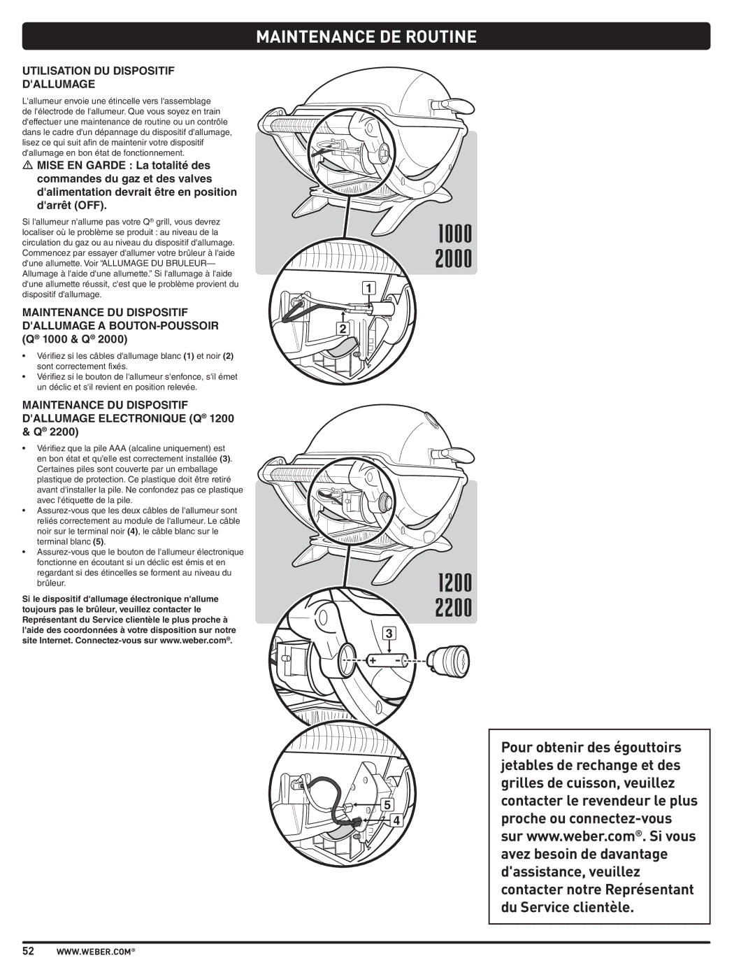 Weber 57503 manual Maintenance DE Routine, Utilisation DU Dispositif Dallumage 