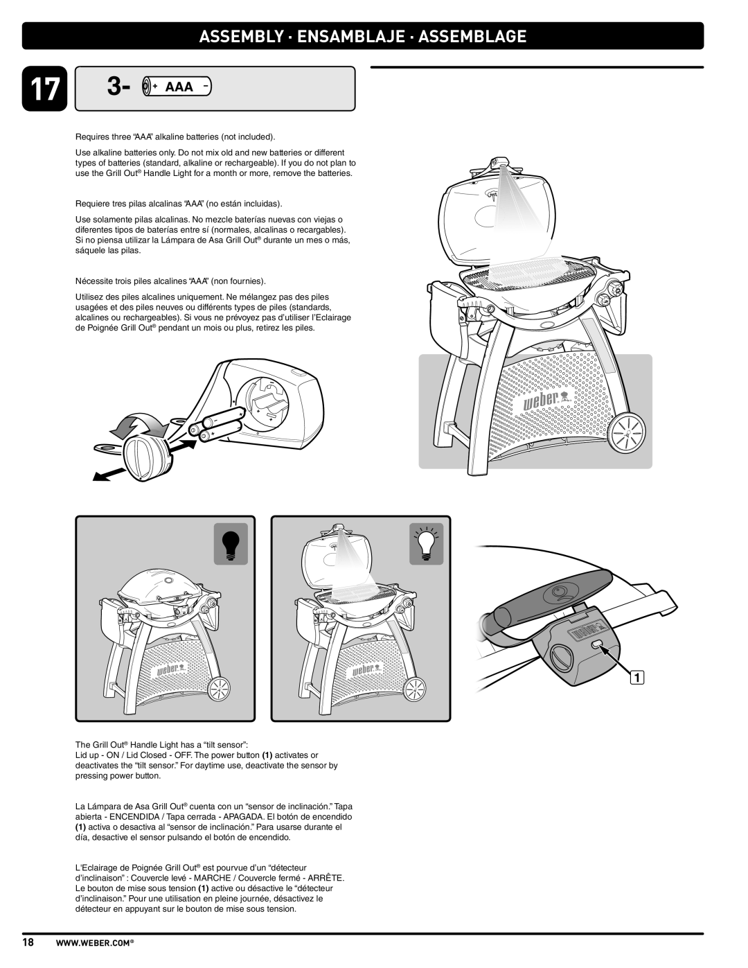 Weber 57515 manual Requires three AAA alkaline batteries not included 