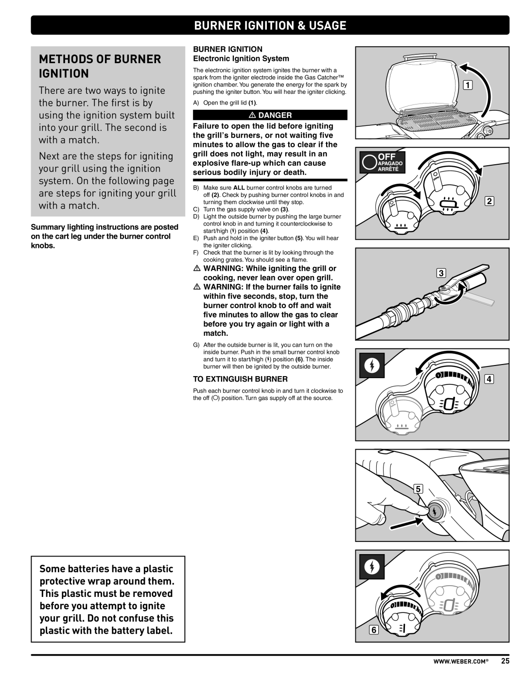 Weber 57515 manual Methods of Burner Ignition, Burner Ignition & Usage, Electronic Ignition System, To Extinguish Burner 