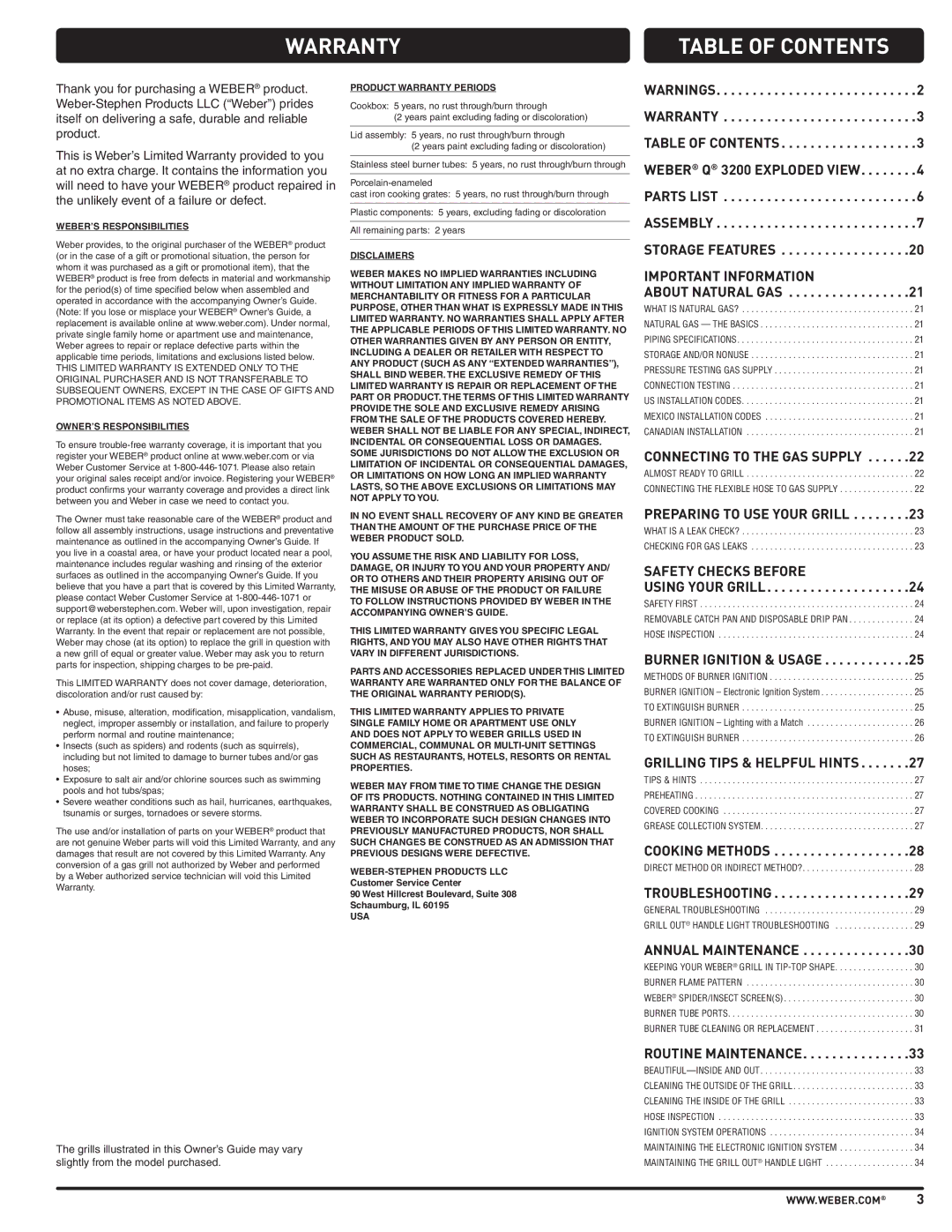 Weber 57515 manual Warranty, Table of Contents 