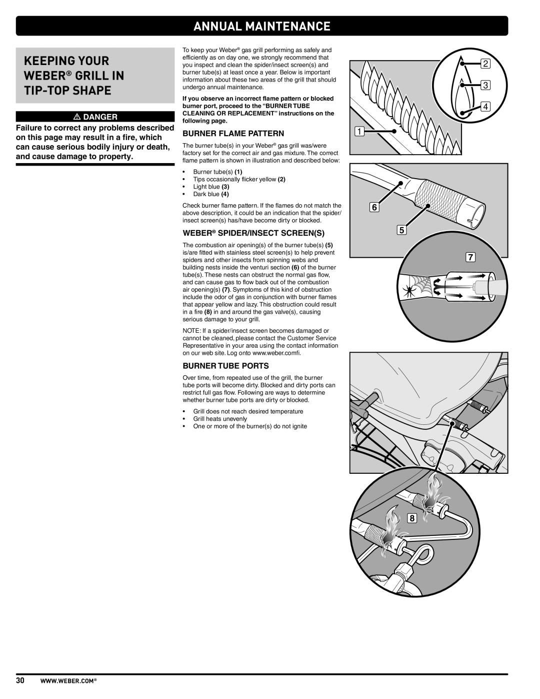 Weber 57515 Keeping Your Weber Grill TIP-TOP Shape, Annual Maintenance, Burner Flame Pattern, Weber SPIDER/INSECT Screens 