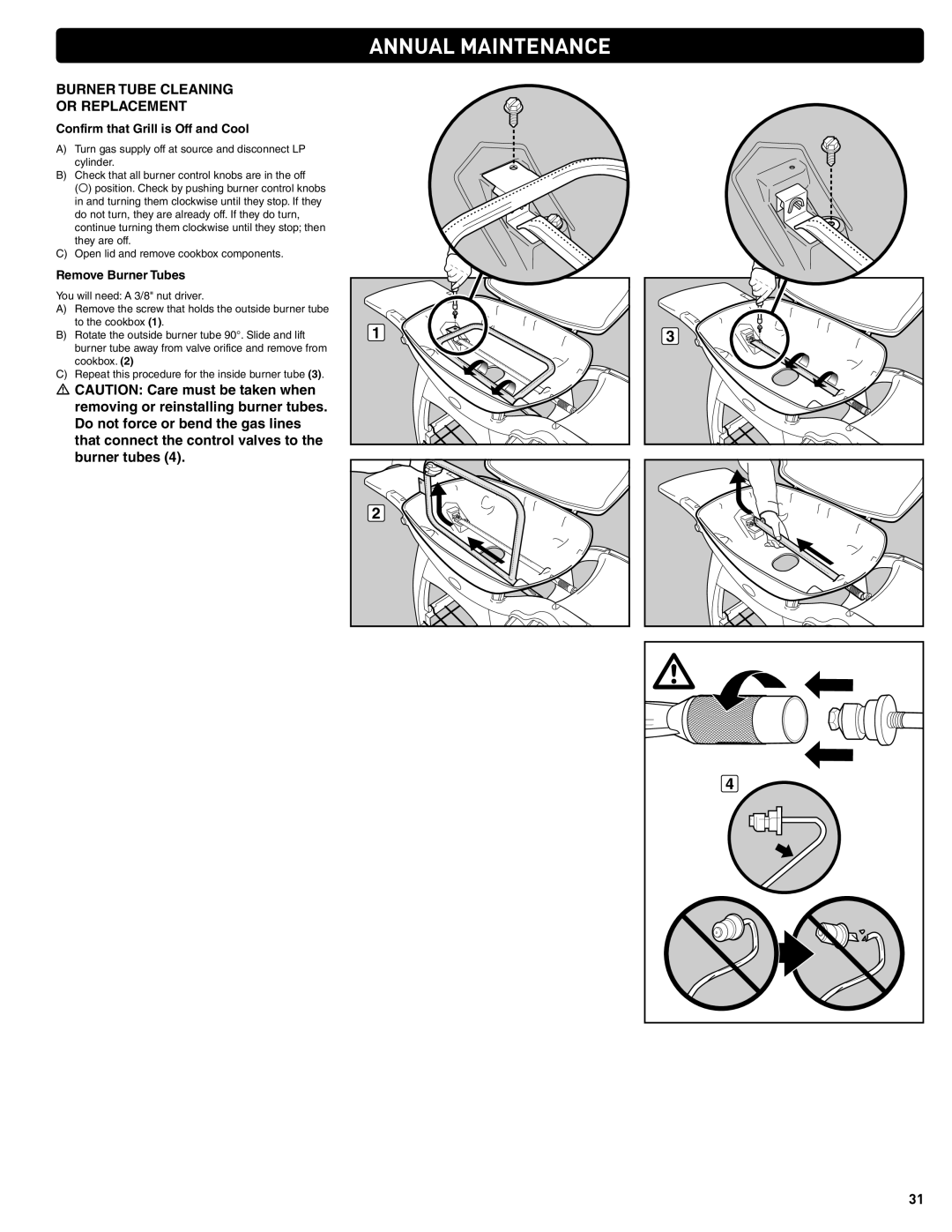 Weber 57515 manual Burner Tube Cleaning Or Replacement, Confirm that Grill is Off and Cool, Remove Burner Tubes 