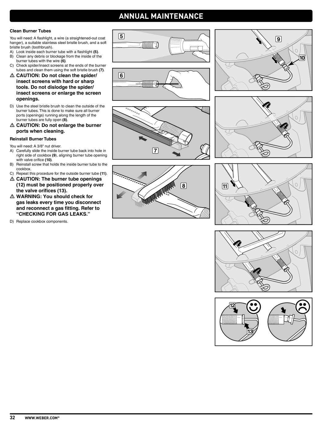 Weber 57515 manual Clean Burner Tubes, Reinstall Burner Tubes 