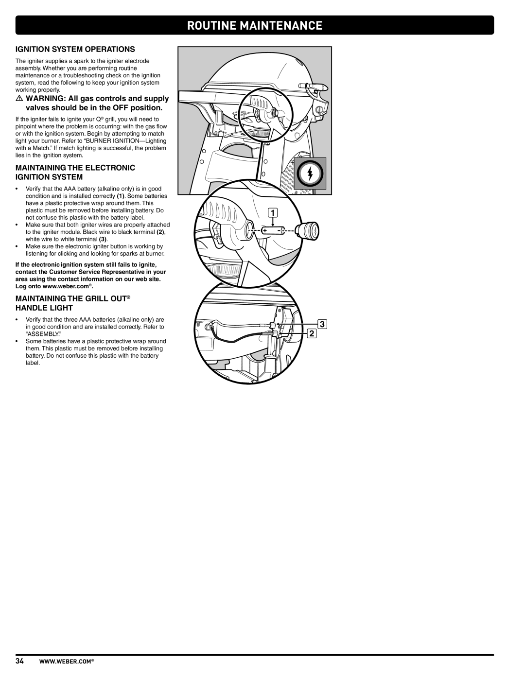 Weber 57515 Ignition System Operations, Maintaining the Electronic Ignition System, Maintaining the Grill OUT Handle Light 