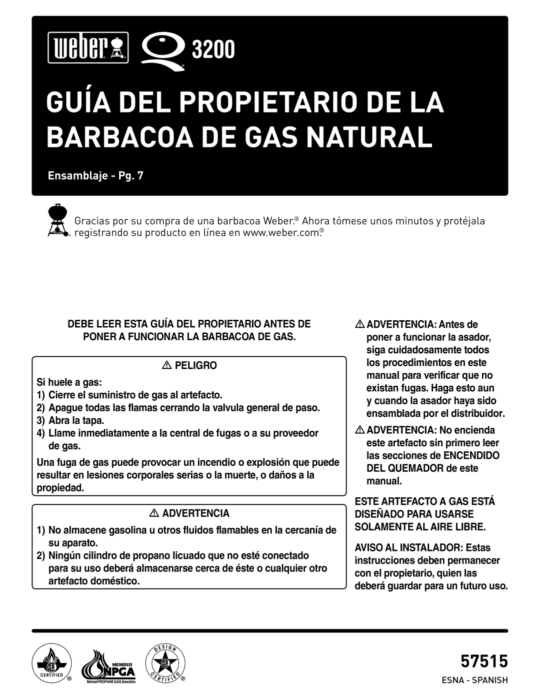 Weber 57515 manual Guía DEL Propietario DE LA Barbacoa DE GAS Natural 