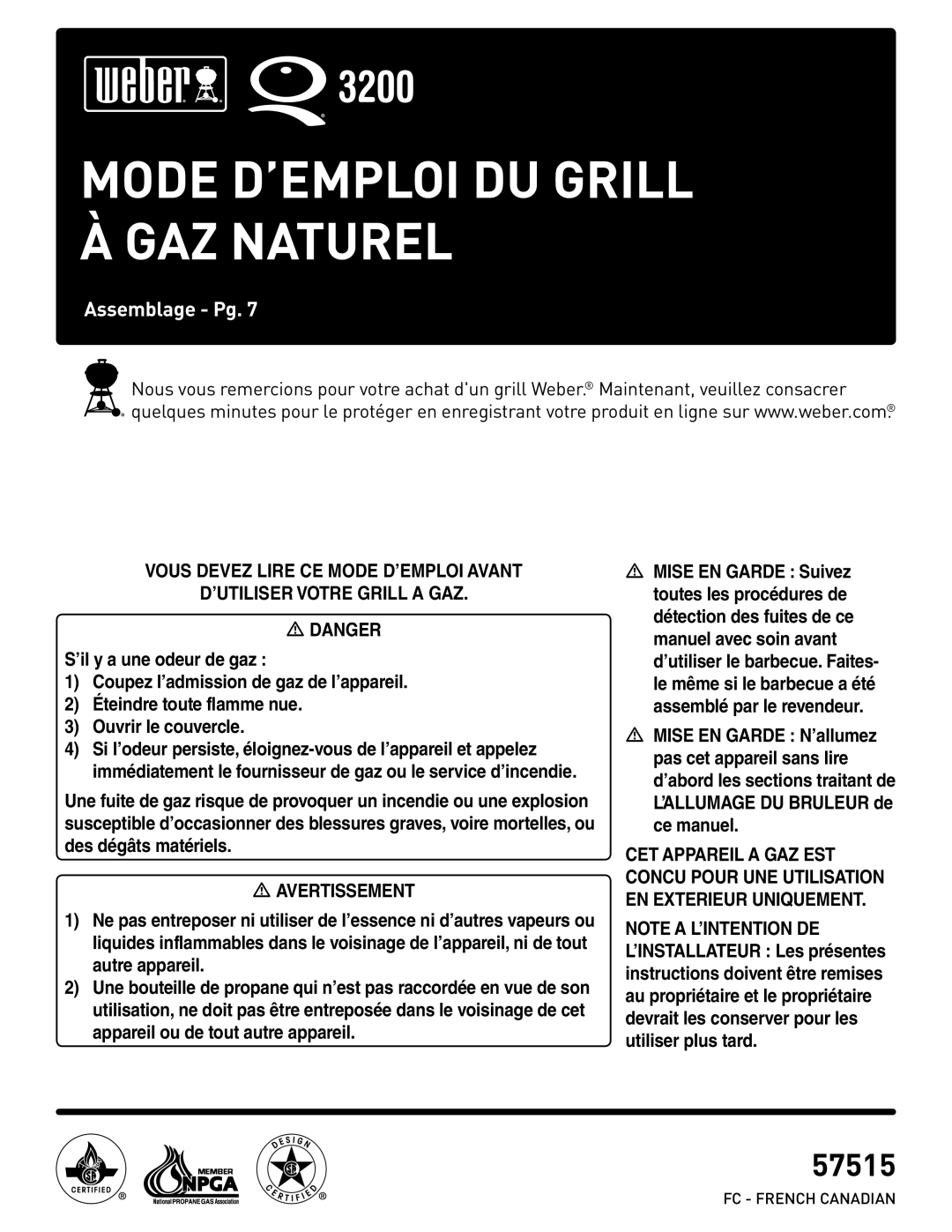 Weber 57515 manual Mode D’EMPLOI DU Grill À GAZ Naturel 