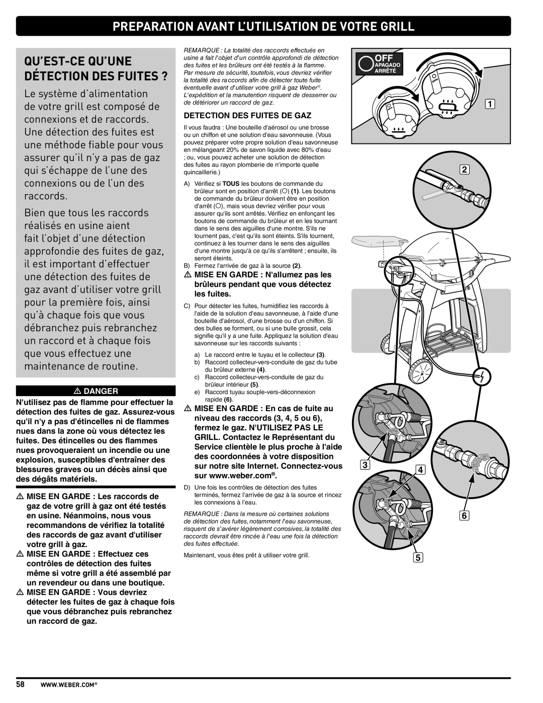 Weber 57515 manual Preparation Avant L’UTILISATION DE Votre Grill, QU’EST-CE QU’UNE Détection DES Fuites ? 