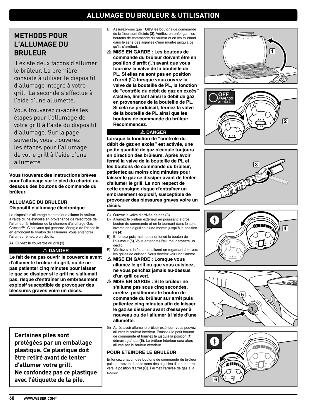 Weber 57515 manual Allumage DU Bruleur & Utilisation, Methods Pour Lallumage DU Bruleur, Pour Eteindre LE Bruleur 