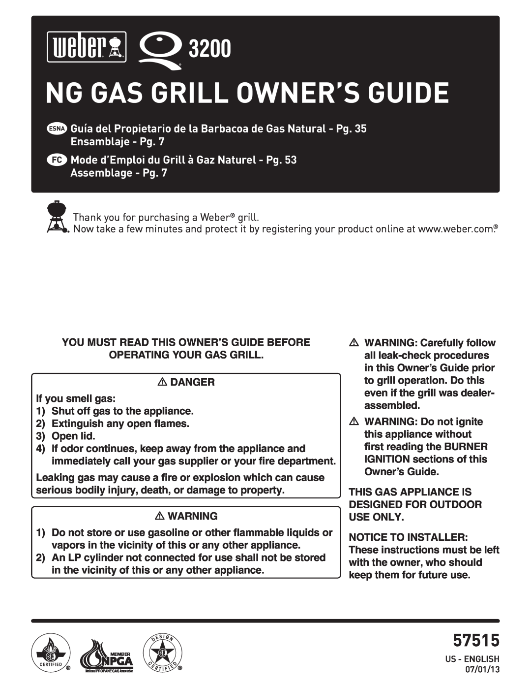 Weber 57515 manual Ng Gas Grill Owner’S Guide, Guía del Propietario de la Barbacoa de Gas Natural - Pg, Assemblage - Pg 