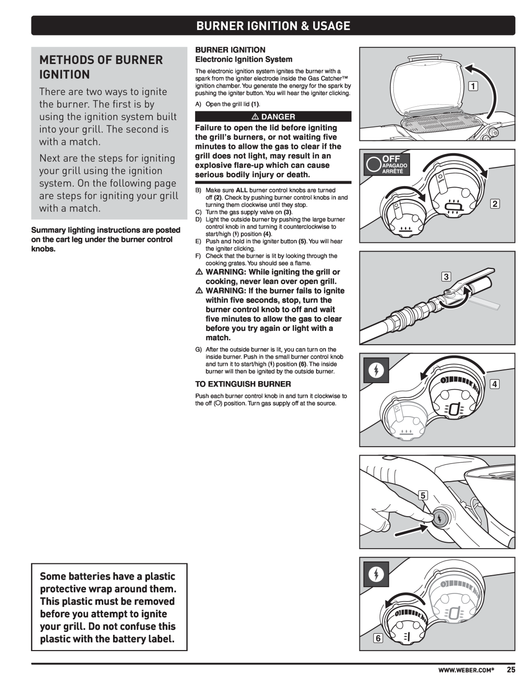 Weber 57515 manual Methods Of Burner Ignition, Burner Ignition & Usage 