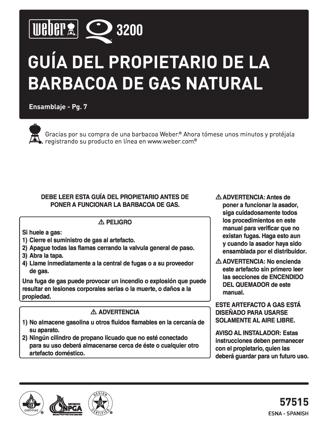 Weber 57515 manual Ensamblaje - Pg, Guía Del Propietario De La Barbacoa De Gas Natural 