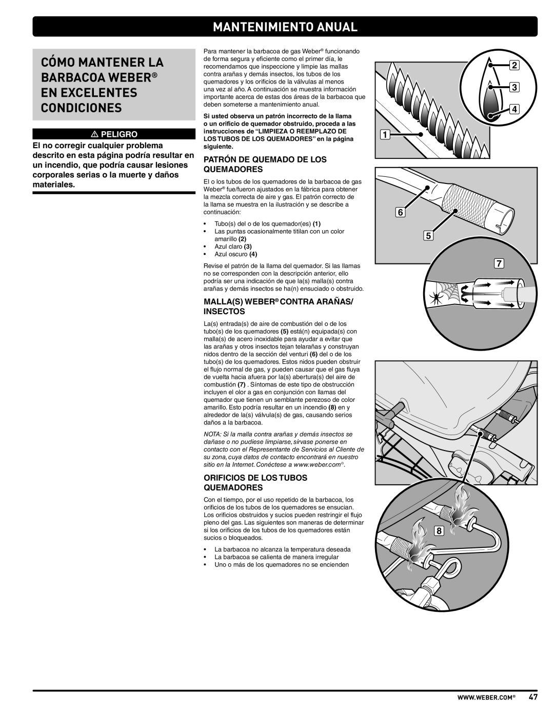 Weber 57515 manual Mantenimiento Anual, Cómo Mantener La Barbacoa Weber En Excelentes Condiciones, m PELIGRO 