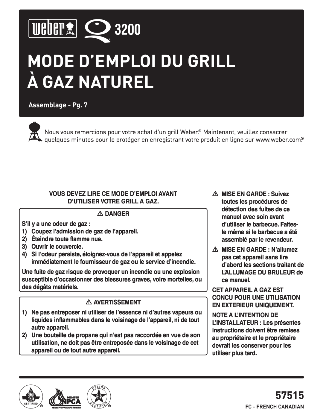 Weber 57515 manual Mode D’Emploi Du Grill À Gaz Naturel, Assemblage - Pg 