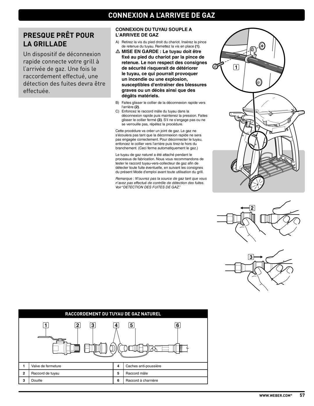 Weber 57515 manual Presque Prêt Pour La Grillade, Connexion A L’Arrivee De Gaz, Raccordement Du Tuyau De Gaz Naturel 