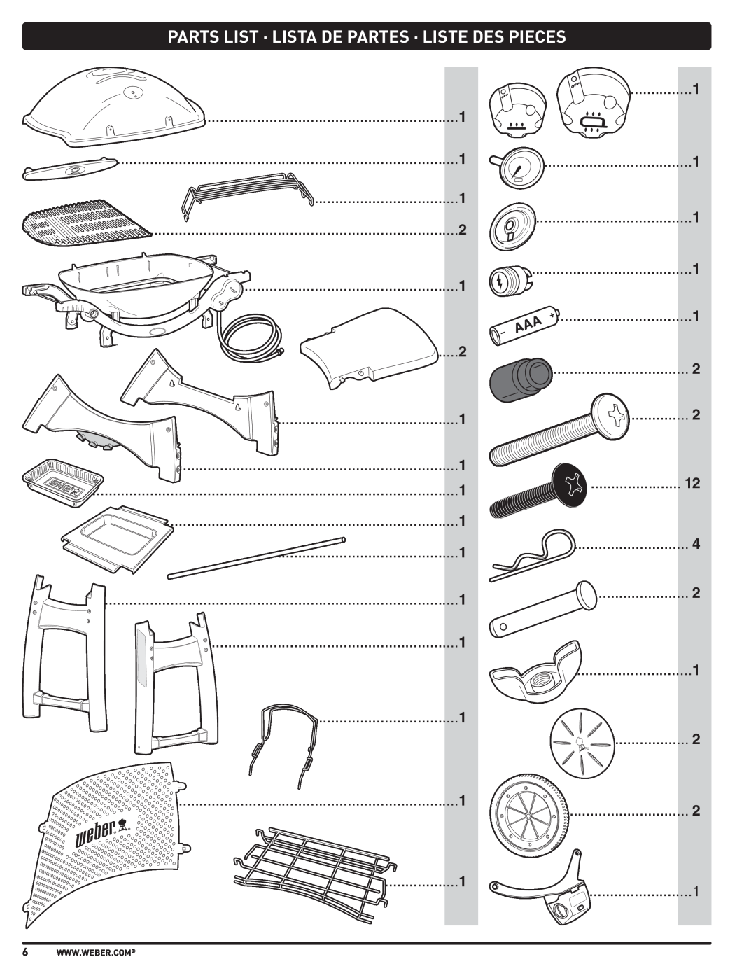 Weber 57515 manual Parts List · Lista De Partes · Liste Des Pieces 