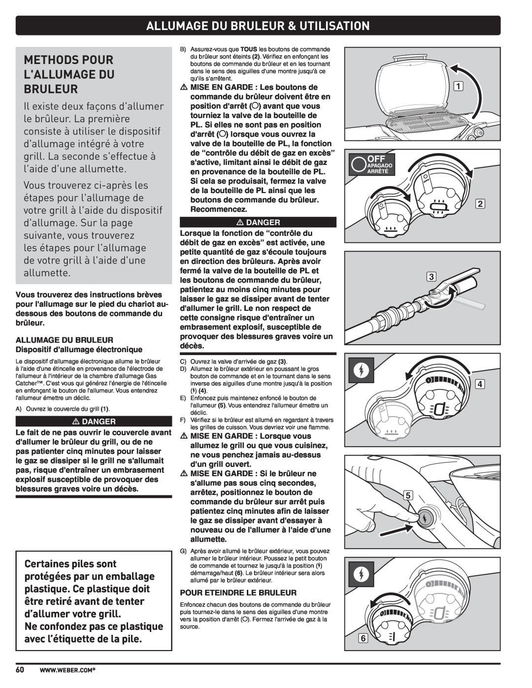 Weber 57515 manual Allumage Du Bruleur & Utilisation, Methods Pour Lallumage Du Bruleur 