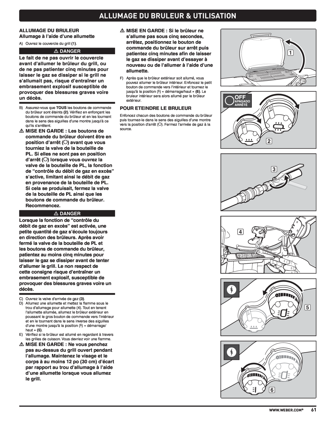 Weber 57515 manual Allumage Du Bruleur & Utilisation, m DANGER 