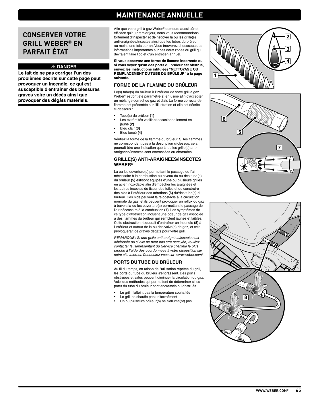 Weber 57515 manual Maintenance Annuelle, Conserver Votre Grill Weber En Parfait État, m DANGER 
