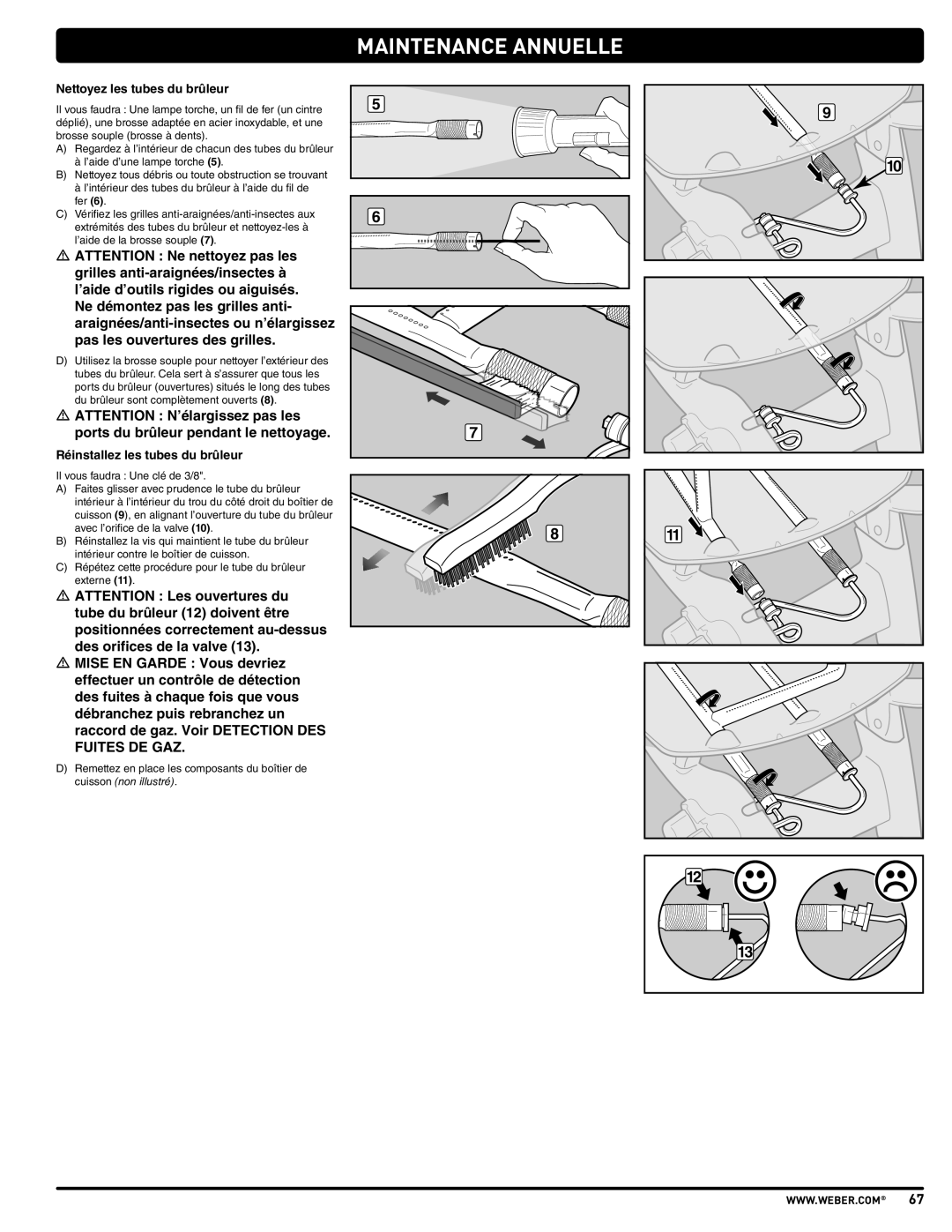 Weber 57515 manual Maintenance Annuelle, Nettoyez les tubes du brûleur, Réinstallez les tubes du brûleur 