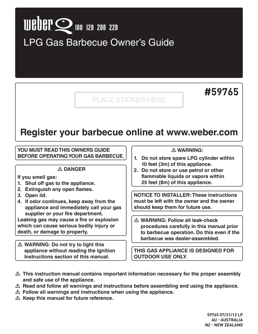 Weber LPG Gas Barbecue instruction manual #59765 