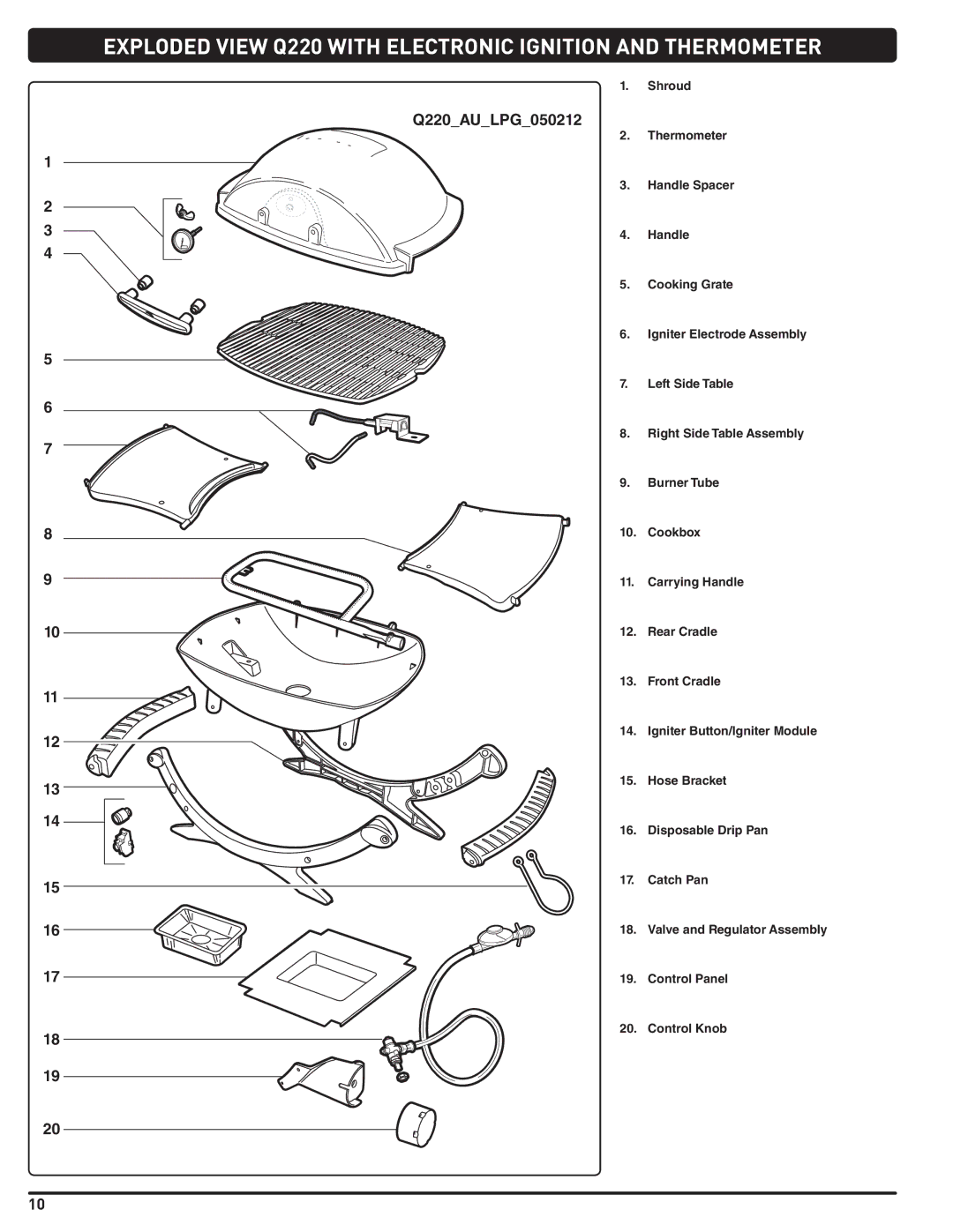 Weber 59765, LPG Gas Barbecue Exploded View Q220 with Electronic Ignition and Thermometer, Q220AULPG050212 