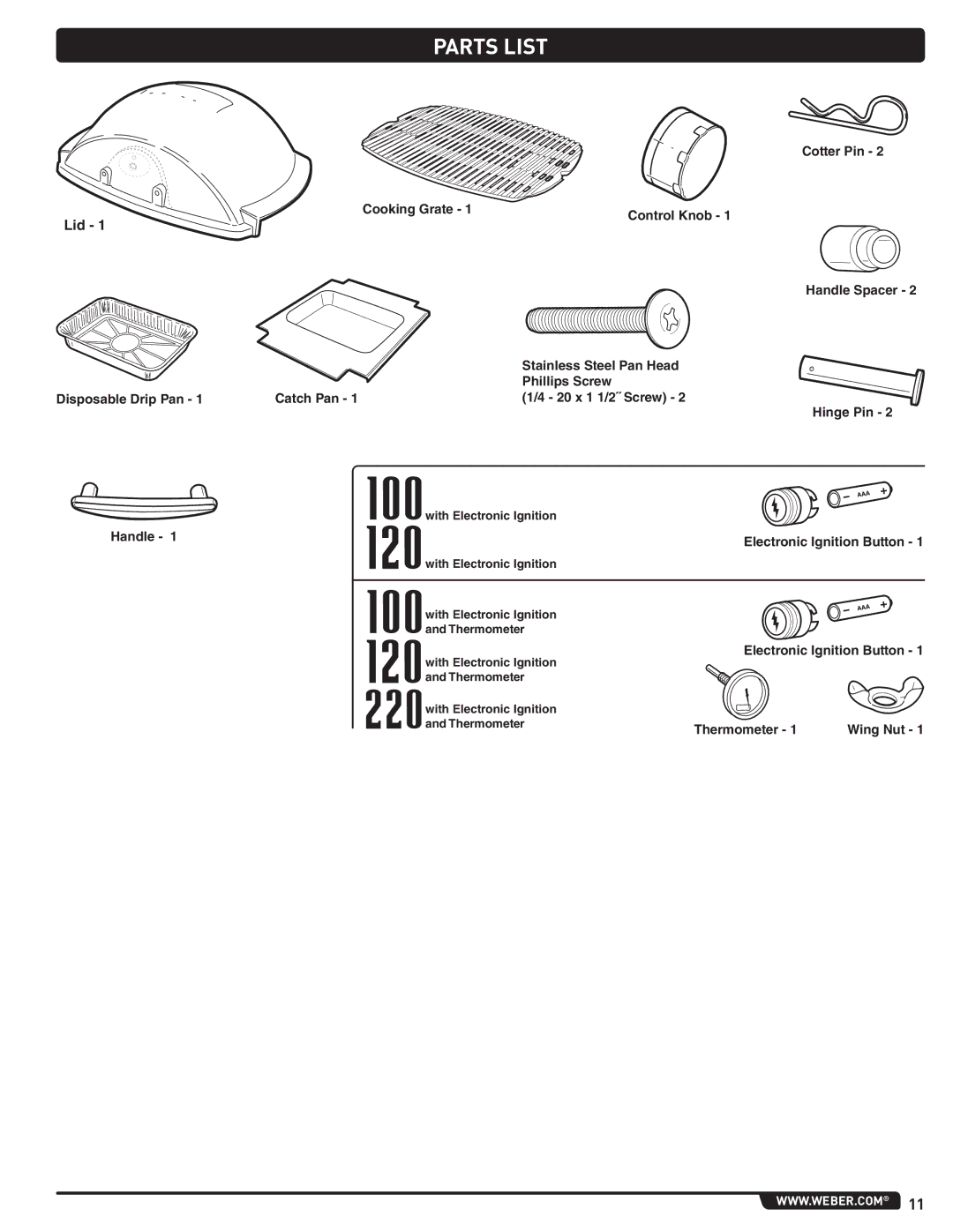 Weber LPG Gas Barbecue, 59765 instruction manual Parts List 