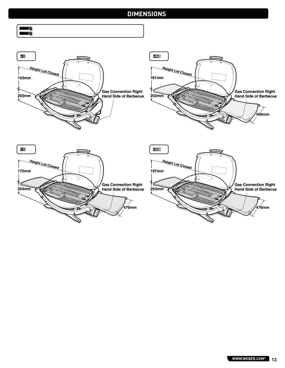 Weber LPG Gas Barbecue, 59765 instruction manual Dimensions, Q100 Q120 Q200 Q220 