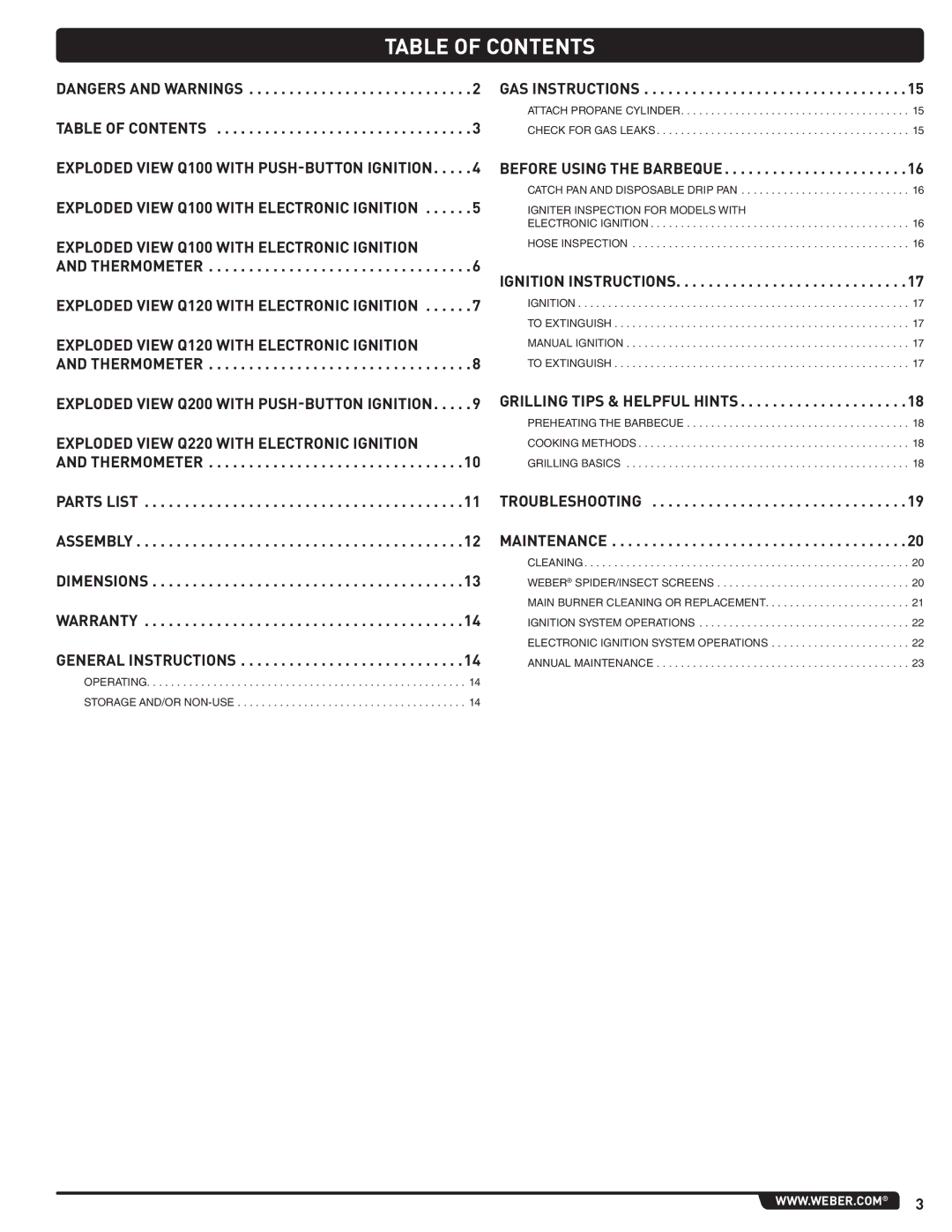 Weber LPG Gas Barbecue, 59765 instruction manual Table of Contents 