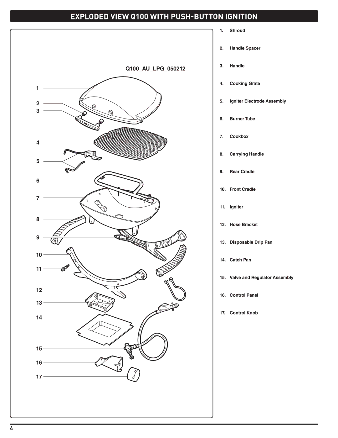 Weber 59765, LPG Gas Barbecue instruction manual Exploded View Q100 with PUSH-BUTTON Ignition, Q100AULPG050212 