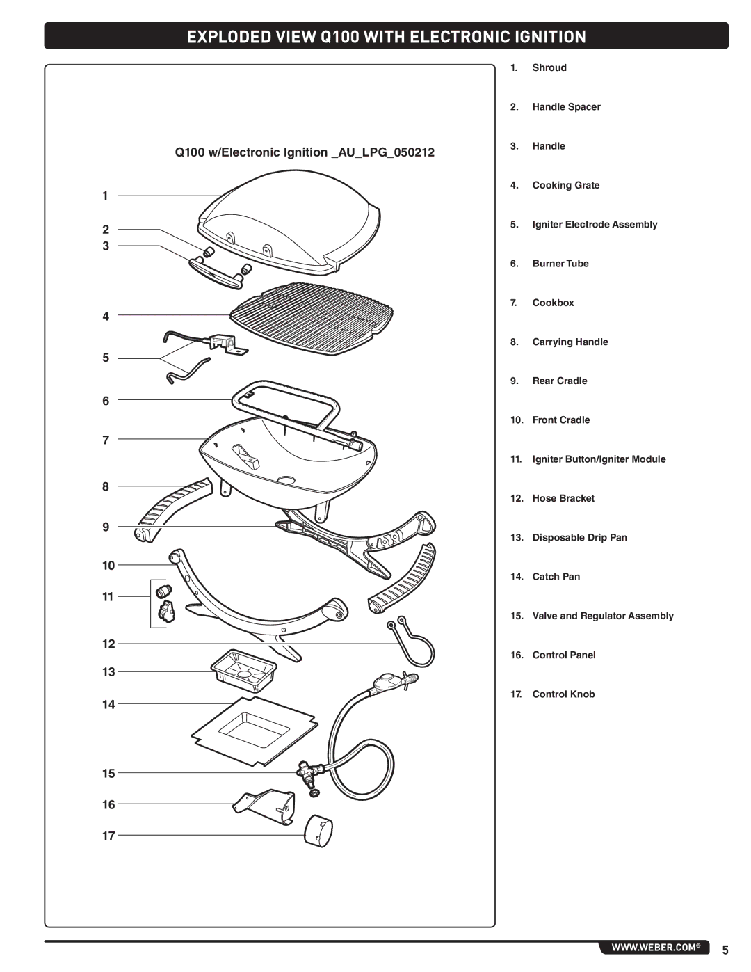 Weber LPG Gas Barbecue, 59765 Exploded View Q100 with Electronic Ignition, Q100 w/Electronic Ignition AULPG050212 