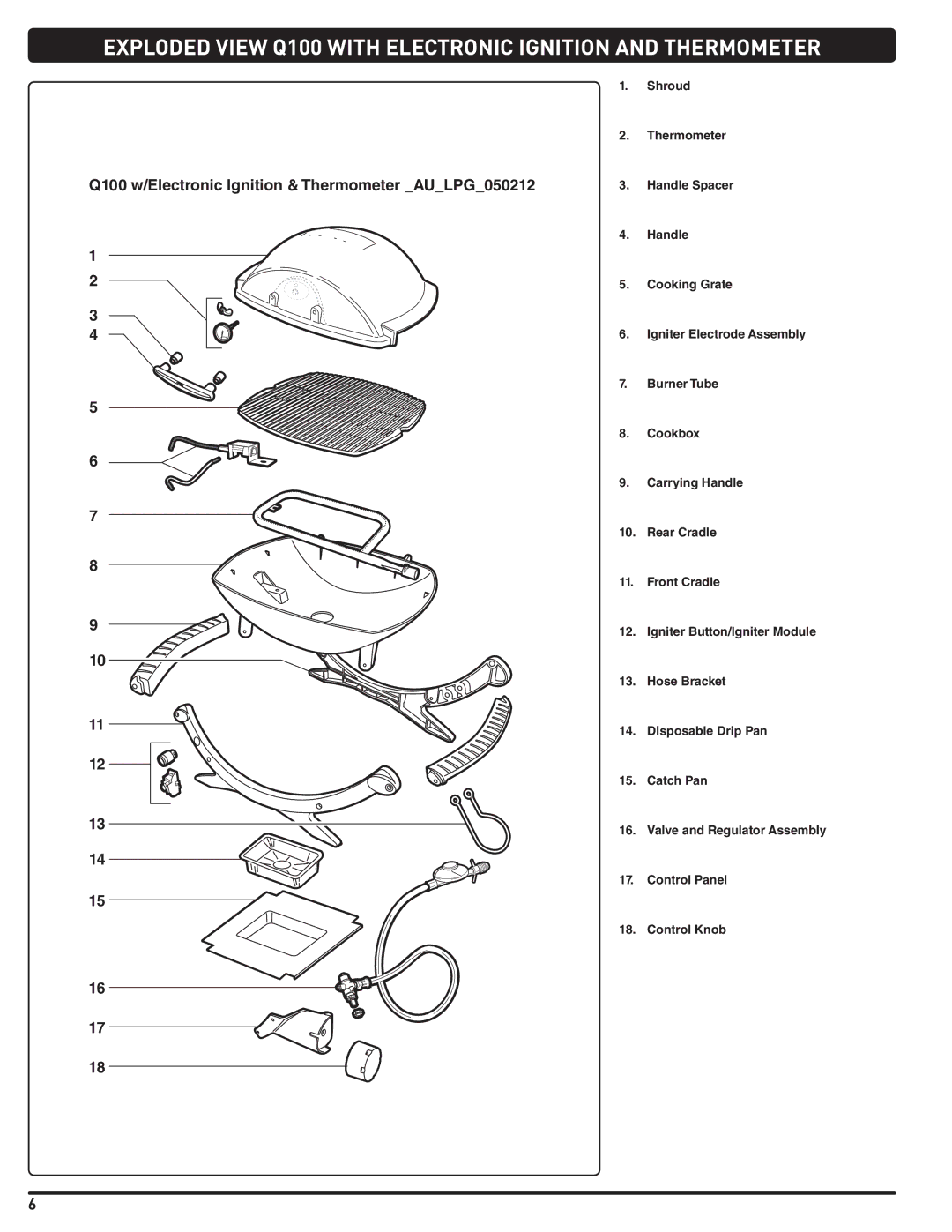 Weber 59765, LPG Gas Barbecue instruction manual Exploded View Q100 with Electronic Ignition and Thermometer 