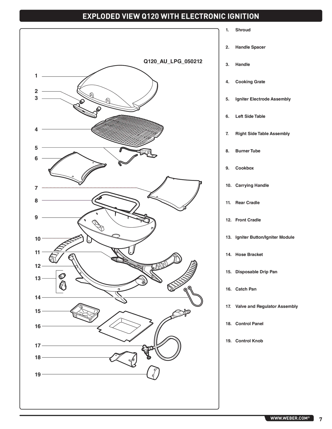 Weber LPG Gas Barbecue, 59765 instruction manual Exploded View Q120 with Electronic Ignition, Q120AULPG050212 