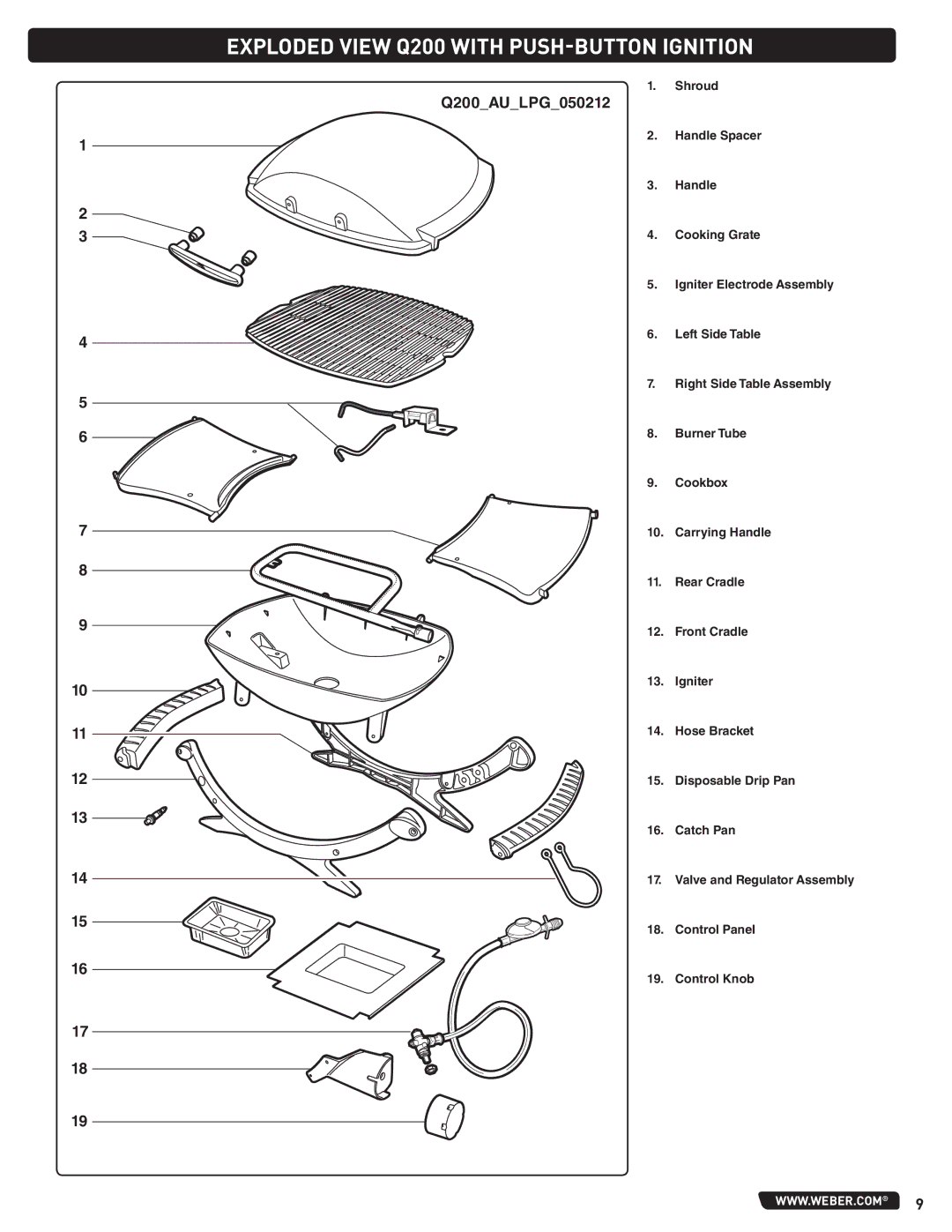 Weber LPG Gas Barbecue, 59765 instruction manual Exploded View Q200 with PUSH-BUTTON Ignition, Q200AULPG050212 