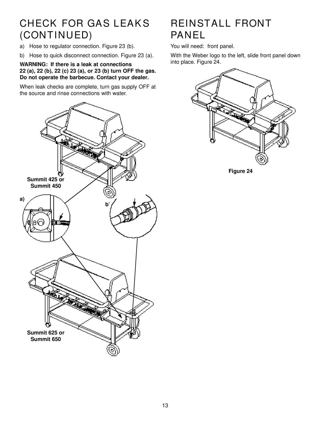 Weber 625 manual Reinstall Front Panel 