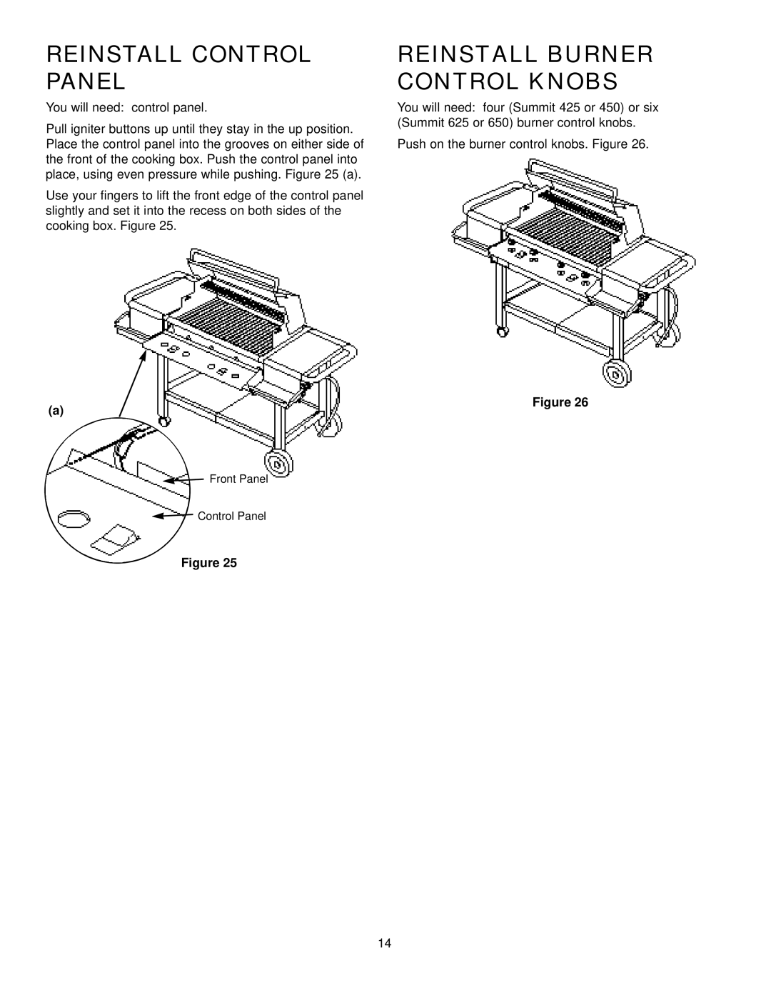 Weber 625 manual Reinstall Control Panel, Reinstall Burner Control Knobs 