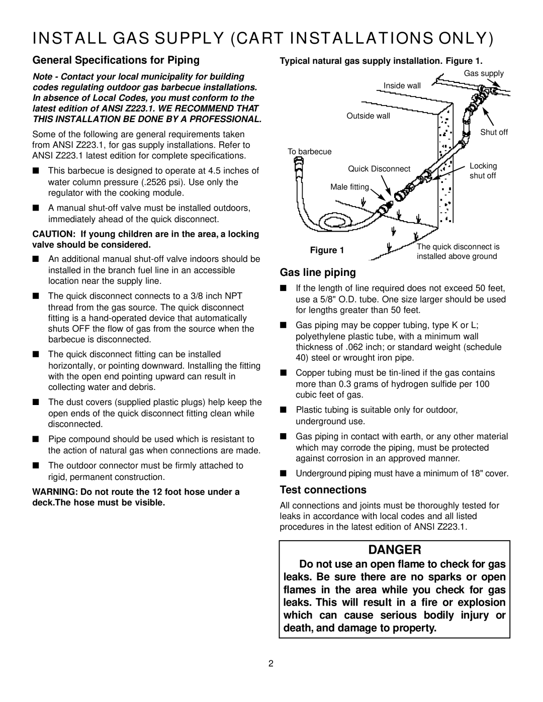 Weber 625 manual Install GAS Supply Cart Installations only, General Specifications for Piping 