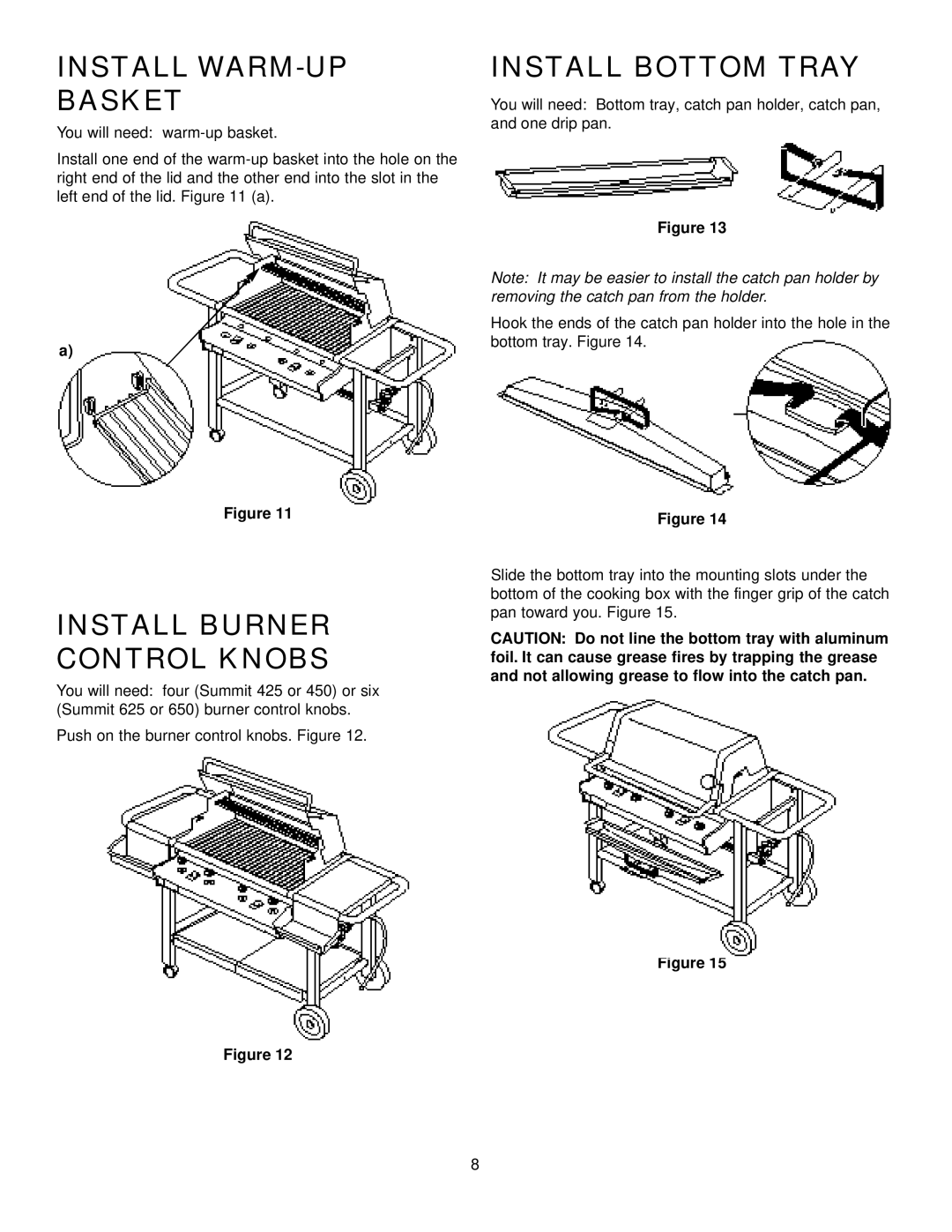 Weber 625 manual Install WARM-UP Basket, Install Burner Control Knobs, Install Bottom Tray 