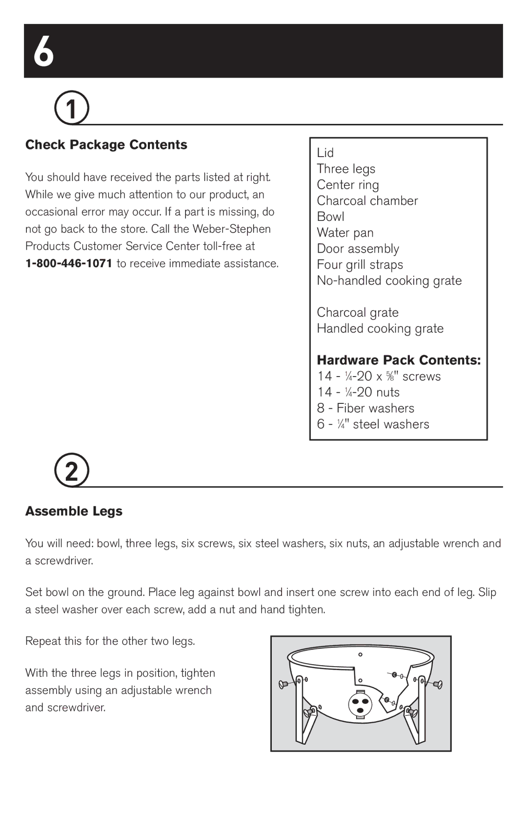 Weber 63230 manual Check Package Contents, Hardware Pack Contents 14 1⁄4-20 x 5⁄8 screws, Assemble Legs 