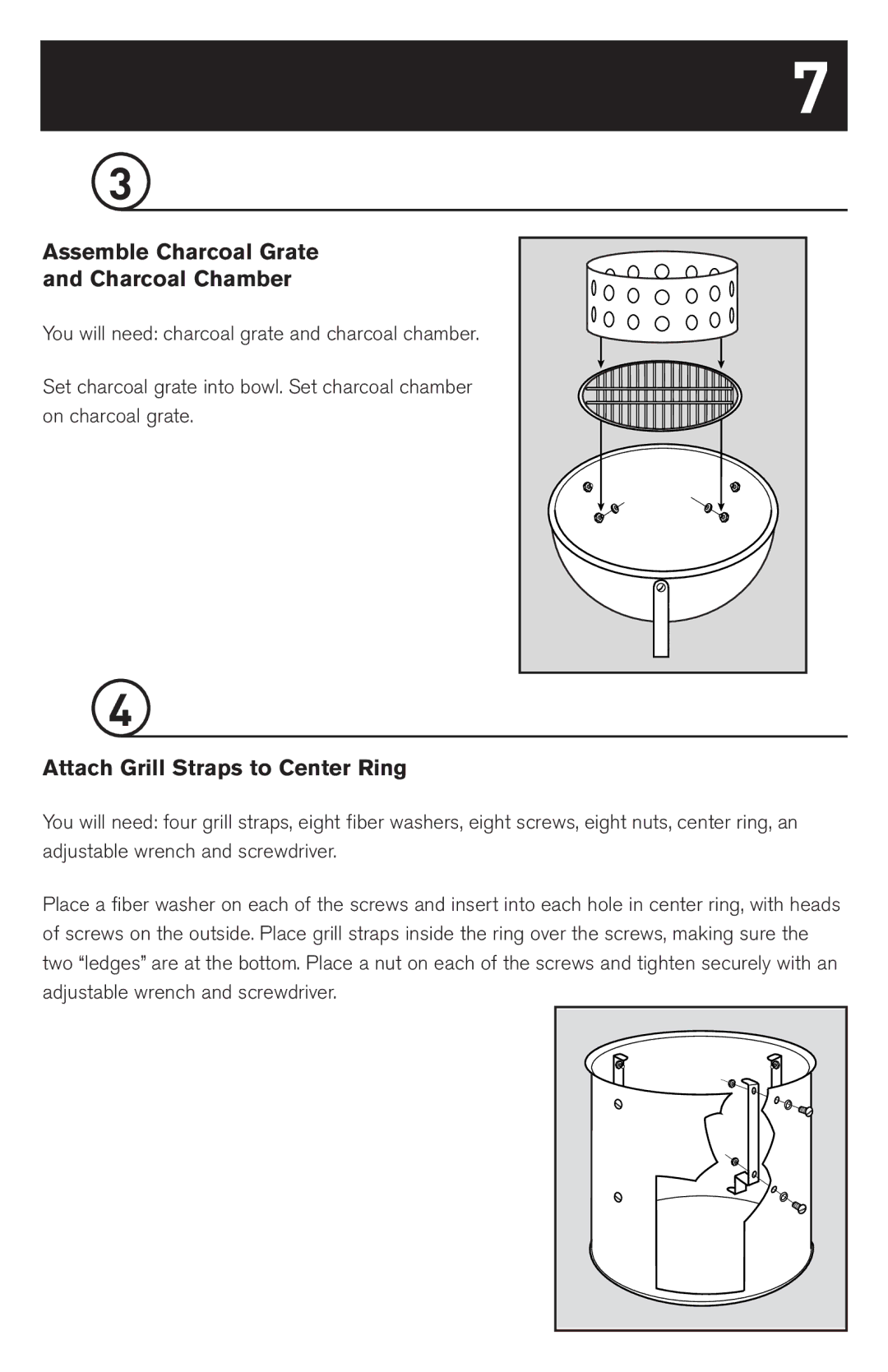 Weber 63230 manual Assemble Charcoal Grate Charcoal Chamber, Attach Grill Straps to Center Ring 