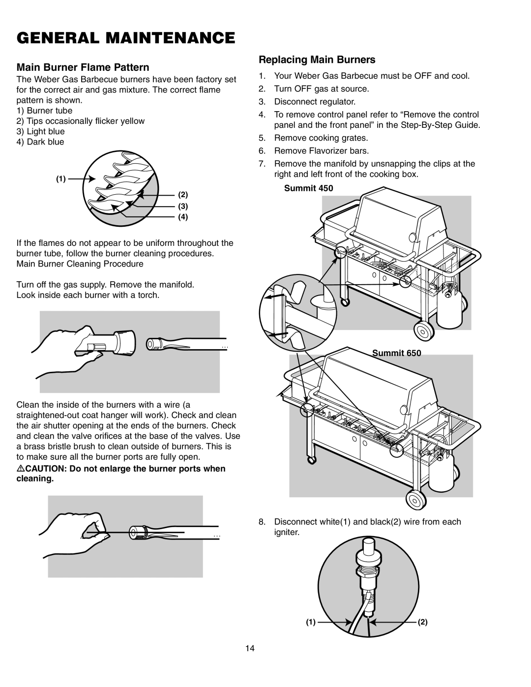 Weber 650 manual Main Burner Flame Pattern, Replacing Main Burners 