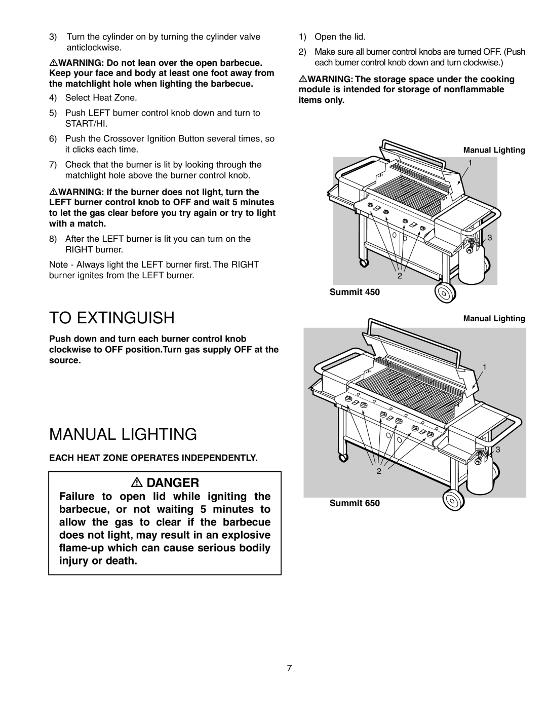 Weber 650 manual To Extinguish, Manual Lighting 